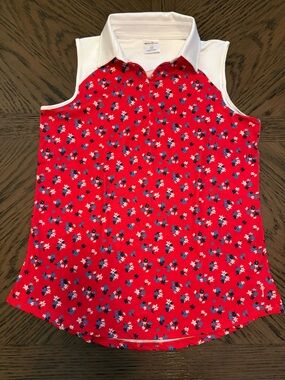Belyn Key Red Floral Tank Top with Blue and White Accents